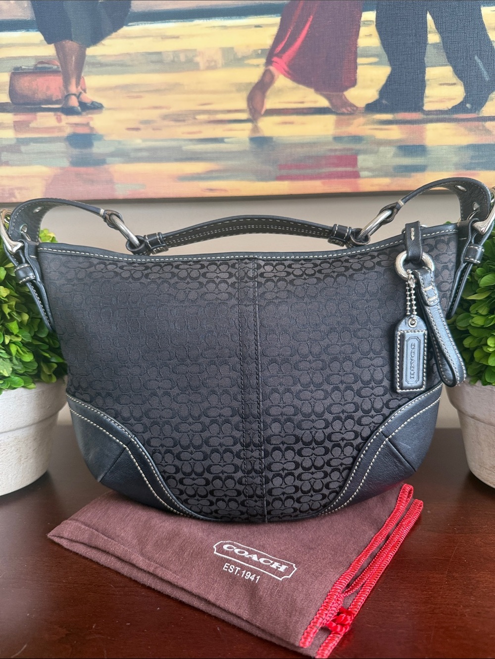 COACH F05N-1460 🖤BLACK🖤 VINTAGE SIGNATURE JACQUARD LEATHER HOBO BAG 🌟EUC🌟 - Picture 15 of 17